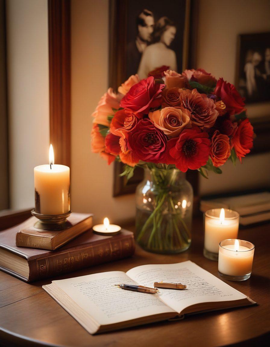 A cozy candlelit scene featuring a couple sharing a heartfelt moment, surrounded by memories like framed photos and handwritten letters. Soft glowing lights and a warm color palette to evoke intimacy and nostalgia. Delicate flowers and a journal with a pen on the table to symbolize preserving memories. Super-realistic. Warm tones. Soft focus.