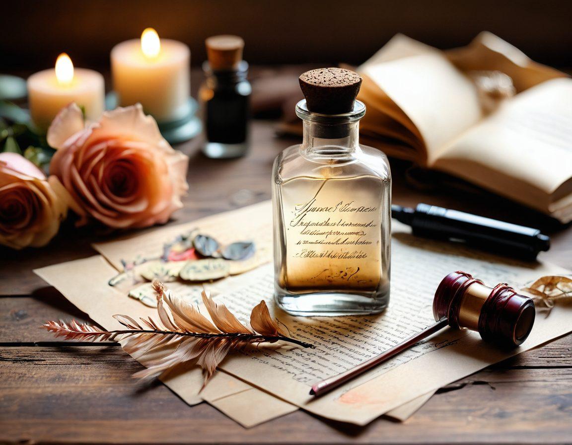 A beautifully crafted, vintage ink bottle spilling warm, glowing ink onto an open parchment filled with handwritten love letters. Surround the ink bottle with delicate quills, dried roses, and sentimental keepsakes like lockets and photographs, symbolizing cherished memories. The background should feature soft, dreamy lighting with subtle bokeh effects to evoke a sense of nostalgia. floral patterns. warm colors. painting.