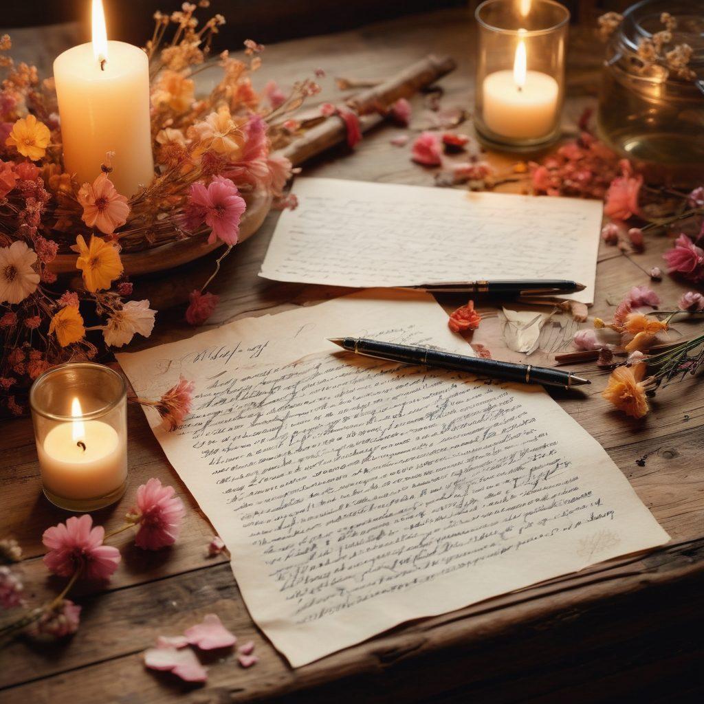 A whimsical collage of vintage love letters scattered across a wooden table, interspersed with dried flowers and a delicate ink pen. In the background, a softly glowing candle lights up a faded photograph of a couple, enveloped by swirling wisps of pastel colors representing cherished memories. The overall atmosphere exudes warmth and nostalgia, inviting viewers into a world of romance. vintage style. soft focus. warm tones.